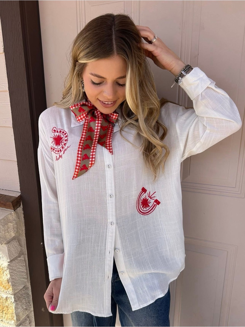 BRAND NEW- Women's White Button-Down Shirt with Red Embroidered Motifs